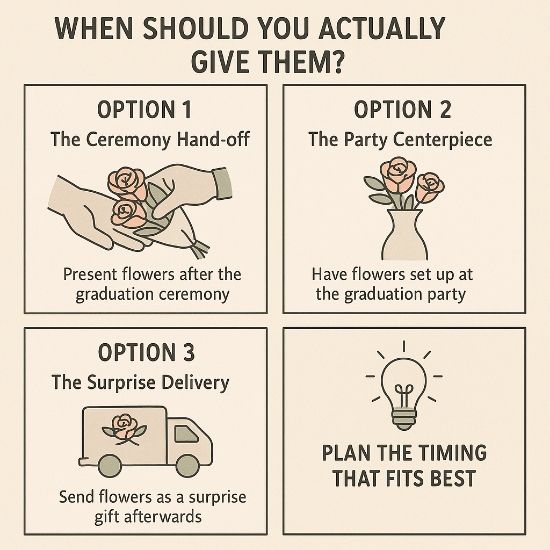 Square four-panel infographic showing three timing options for graduation flowers: ceremony hand-off, party centerpiece, or surprise delivery with planning tip.