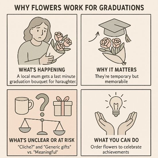 Four-panel infographic explaining why graduation flowers work: last-minute bouquet, temporary but memorable, gift dilemma, order flowers to celebrate.