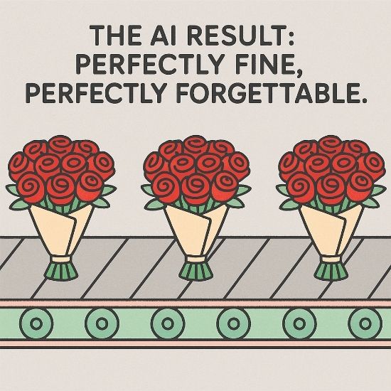 Flat pastel illustration of identical 12-red-rose bouquets moving on a mint-green conveyor belt against a clinical grey background, captioned “The AI Result: Perfectly Fine, Perfectly Forgettable.”