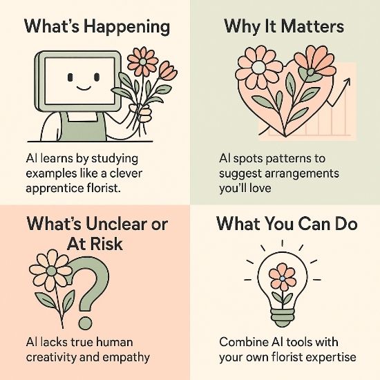 2×2 pastel infographic of AI learning bouquets, spotting patterns, missing creativity, and blending with florist expertise.
