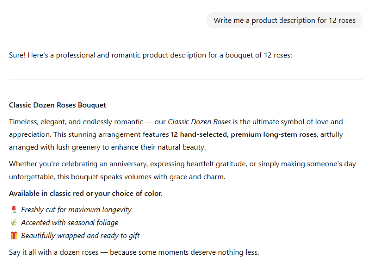 how ai would respond to a simple command to write product content for 12 red roses