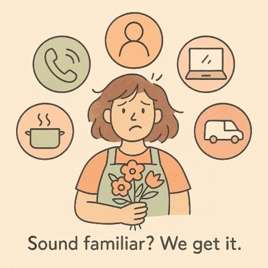 Pastel flat-line illustration of a frazzled florist juggling icons for a ringing phone, walk-in customer, laptop, cooking pot, and delivery van.