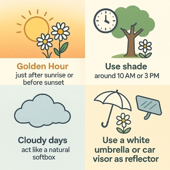 Square infographic with four outdoor photography lighting tips: golden hour, shade at 10 AM or 3 PM, cloudy soft light, and DIY reflector with umbrella or car visor.