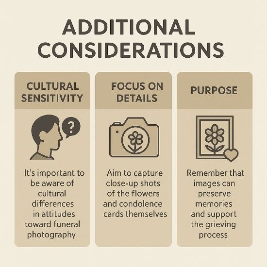 Infographic: Additional considerations for funeral photography, for cultural sensitivity, close-up detail focus, and purpose of preserving memories with reverence.