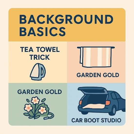 Square infographic titled “Background Basics” showing three flower photography background tips: an ironed tea towel backdrop, a tidy garden setting, and a car boot studio with a blanket.