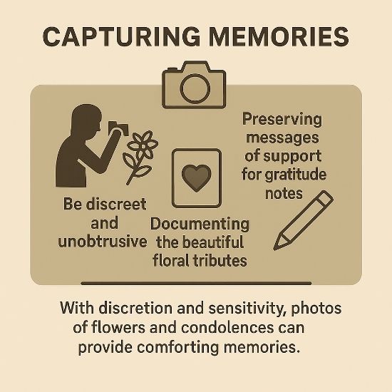 Infographic: Capturing memories at funerals, discreetly photograph floral tributes, document heartfelt condolence cards, and preserve messages for thank you notes.