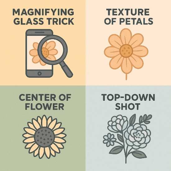 Square infographic “Close-Up Tips” with four macro photography ideas: Magnifying Glass Trick using your phone camera, showcasing petal textures (velvety, papery, glossy), focusing on the flower center details, and capturing a top-down bouquet view.