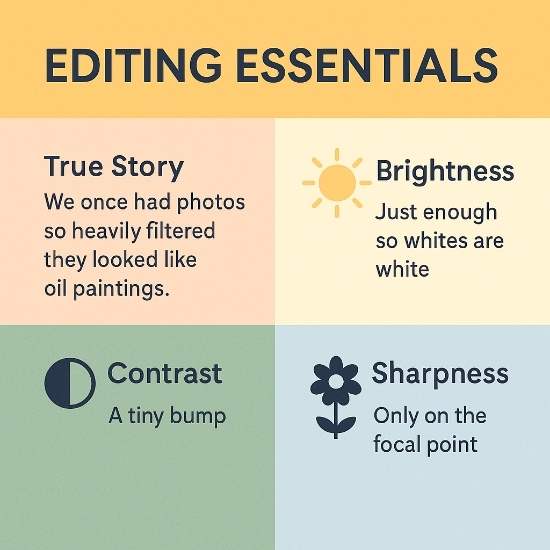 Square infographic titled “Editing Essentials” showing four tips: True Story anecdote about over-filtered photos, adjust Brightness so whites are white, bump Contrast lightly, and apply Sharpness only at the focal point.