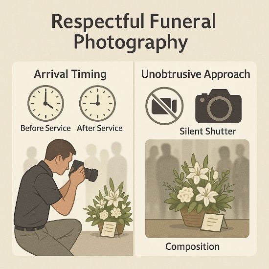 Infographic: Respectful funeral photography tips, capture flower arrangements before or after service using silent shutter, no-flash, discreet framing.