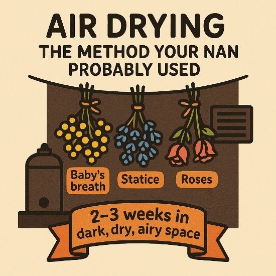 Vintage-style illustration of flowers (baby’s breath, statice, roses) hanging upside down in a dark airy room with a water heater nearby.