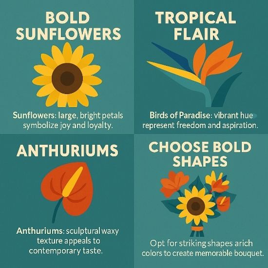 Square infographic of bold flowers, sunflower, bird of paradise, anthurium and mixed bouquet with tips on masculine shapes and rich colours.
