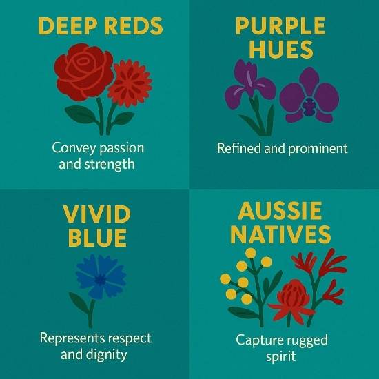 Square infographic of men’s flower colour trends deep reds, purple blooms, vivid blues and Aussie natives on a teal background.