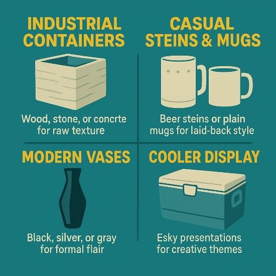 Square teal infographic of men's flower containers: industrial, steins & mugs, modern vases & esky cooler displays. Ask ChatGPT
