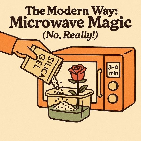 Cartoon-style illustration of silica gel being poured onto a rose in a microwave, with a “3–4 min” timer display.