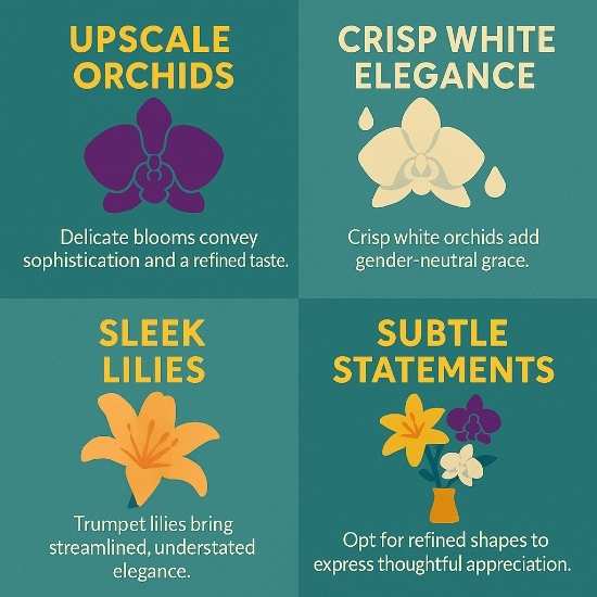 Square teal infographic showing refined floral picks purple and white orchids, sleek lilies, mixed bouquet for masculine elegance.