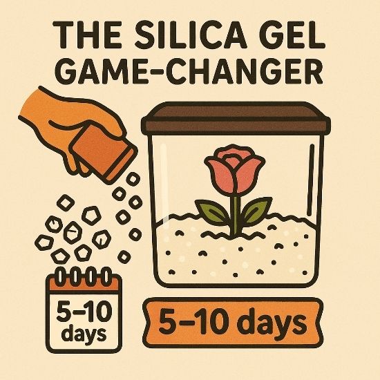 Vintage-style cartoon of a hand pouring silica gel crystals into an airtight container around a rose, labeled “5–10 days.