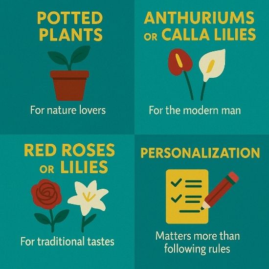 Square teal infographic of tailored men’s birthday gifts: potted plant, anthuriums/calla lilies, red roses or lilies, plus personalization tip.