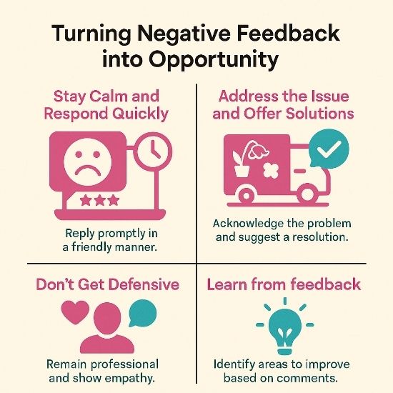 Square four-panel infographic on handling negative reviews: respond calmly; offer solutions; avoid defensiveness; learn and improve.