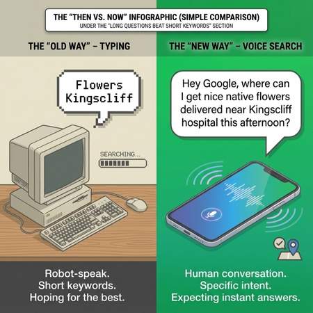 Infographic illustrating the difference between old-fashioned typed searches like "Flowers Kingscliff" on a desktop and modern voice searches asking detailed questions on a smartphone. Infographic illustrating the difference between old-fashioned typed searches like "Flowers Kingscliff" on a desktop and modern voice searches asking detailed questions on a smartphone.