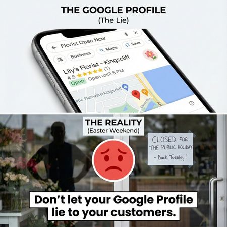 Split-screen graphic showing a Google Maps result incorrectly stating a florist is "Open Now," contrasted with a photo of the actual shop door with a "Closed for Public Holiday" sign. Split-screen graphic showing a Google Maps result incorrectly stating a florist is "Open Now," contrasted with a photo of the actual shop door with a "Closed for Public Holiday" sign.