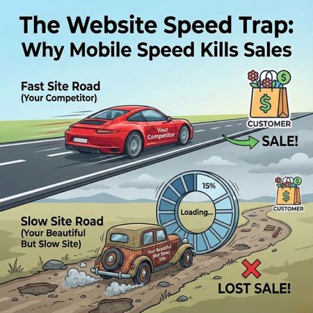 Visual metaphor illustration showing a fast competitor's car reaching a customer sale on a smooth road, while a slow, beautiful florist website car is stuck behind a giant loading wheel on a bumpy road.