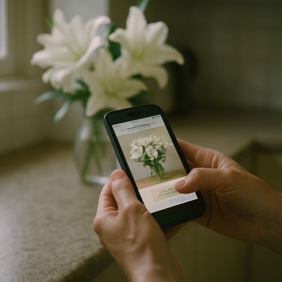 Intimate photo of hands holding a smartphone showing a florist website in a softly lit kitchen, with blurred white oriental lilies in the background. Intimate photo of hands holding a smartphone showing a florist website in a softly lit kitchen, with blurred white oriental lilies in the background.