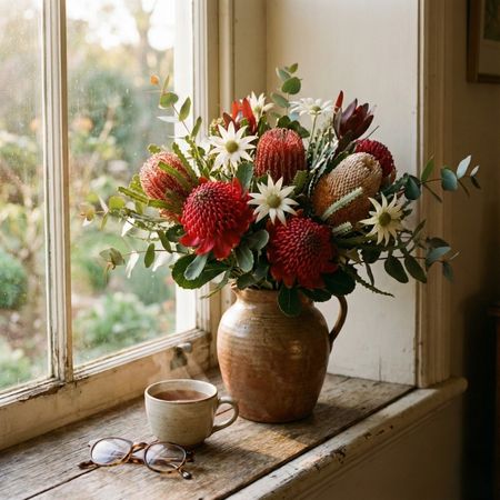 A warm, film photograph of a large Australian native flower arrangement, featuring prominent red Waratahs and textured Banksias in a rustic earthenware vase. It sits on an old wooden windowsill next to a steaming ceramic cup of tea and a pair of reading glasses, bathed in soft afternoon light, evoking a sense of comfort and nostalgia.