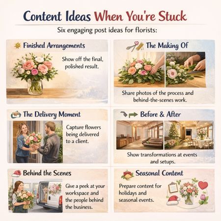 nfographic showing six florist social media content ideas: finished arrangements, the making of, delivery moments, before and after, behind the scenes, and seasonal content by Lily's Florist.