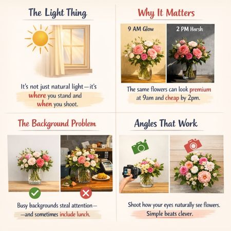 Instructional guide for florist photography showing lighting, background, and camera angle tips by Lily's Florist.