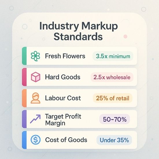 Square infographic titled Industry Markup Standards showing five colour-coded cards for Fresh Flowers (3.5x minimum), Hard Goods (2.5x wholesale), Labour Cost (25% of retail), Target Profit Margin (50-70%), and Cost of Goods (under 35%).