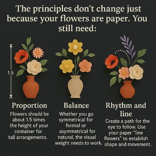 Square infographic showing proportion, balance, and rhythm principles for paper flower arranging with vase illustrations