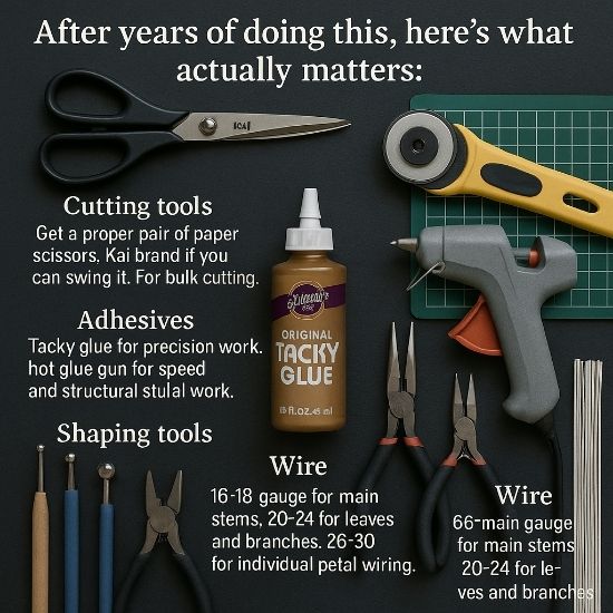 Square infographic showing cutting tools, adhesives, shaping tools and floral wire gauges for paper flower making