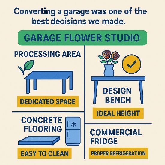 Square infographic showing essentials for a garage flower studio: processing zone, raised design bench, sealed concrete floor, and commercial flower fridg