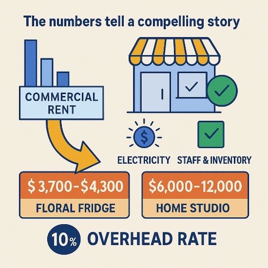 Square infographic comparing flower shop costs with home studio setup. Shows rent, electricity, fridge and garage setup costs, and highlights 10% overhead advantage.