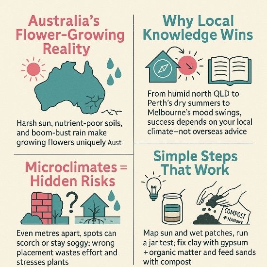 Square infographic titled Australia's Flower-Growing Reality with four panels showing climate challenges, local knowledge, microclimate risks, and soil improvement tips in pink and teal design.