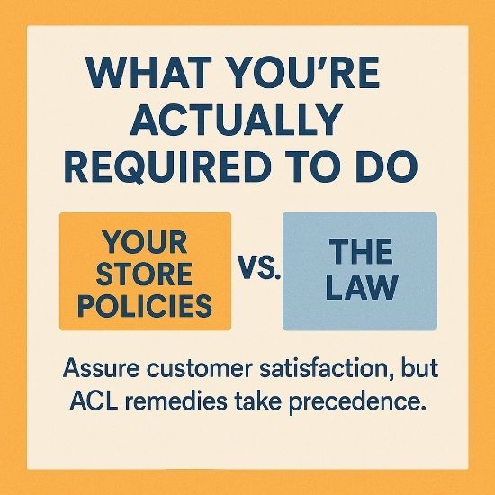 Simple square infographic with title “What You’re Actually Required to Do,” contrasting store policies vs. Australian Consumer Law, showing wilted flowers and refund symbol.