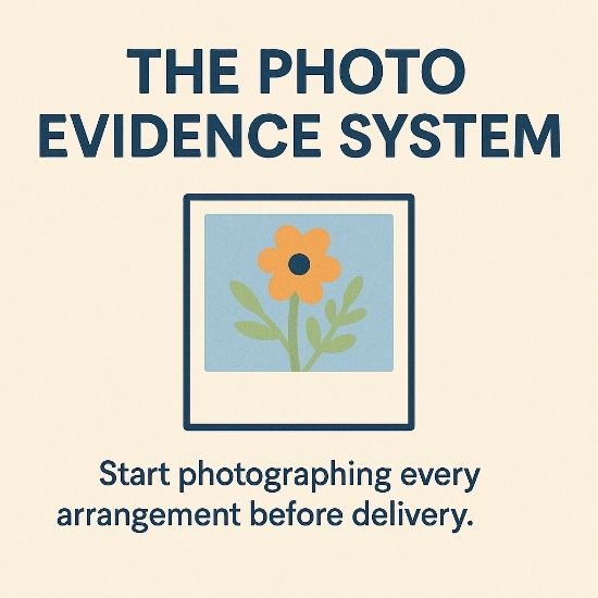Simple square infographic titled “The Photo Evidence System” showing a green camera icon and a Polaroid-style flower photo with text urging florists to photograph every arrangement before delivery.