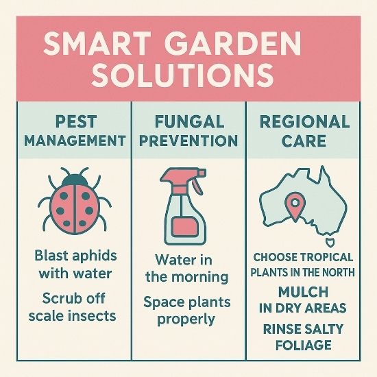 Square infographic titled Smart Garden Solutions with three sections on pest control, fungal prevention, and regional care using teal and pink design.