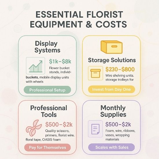 Infographic titled Essential Florist Equipment & Costs showing four categories: Display Systems ($1k–8k), Storage Solutions ($230–800), Professional Tools ($500–2k), and Monthly Supplies ($500–2k), each with icons, descriptions, and color-coded highlights.