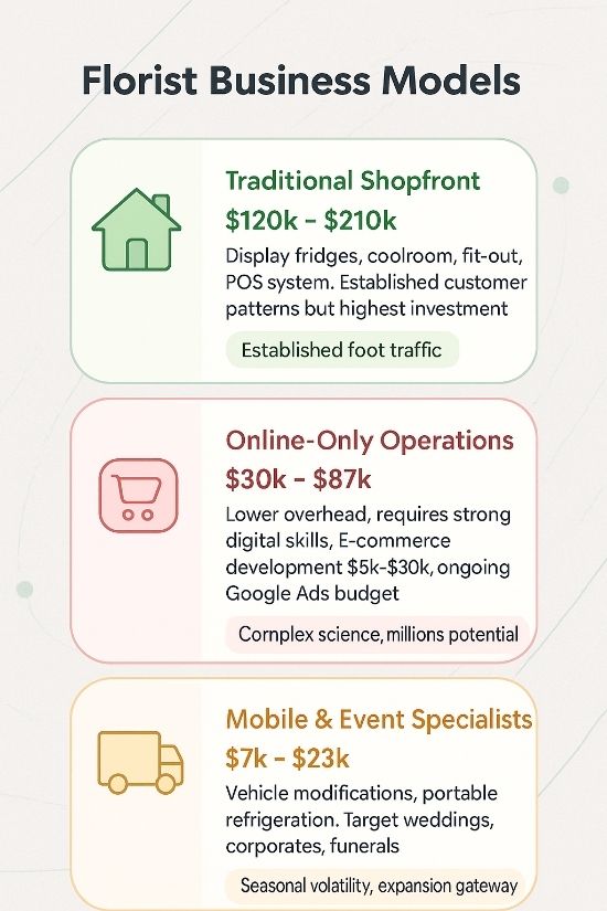 Infographic titled Florist Business Models showing three categories: Traditional Shopfront ($120k–210k), Online-Only Operations ($30k–87k), and Mobile & Event Specialists ($7k–23k), each with investment range, revenue or ROI, descriptions, and icons.