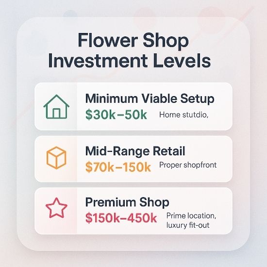 Infographic showing three flower shop investment levels: Minimum Viable Setup ($30k–50k), Mid-Range Retail ($70k–150k), and Premium Shop ($150k–450k) with icons and descriptions.
