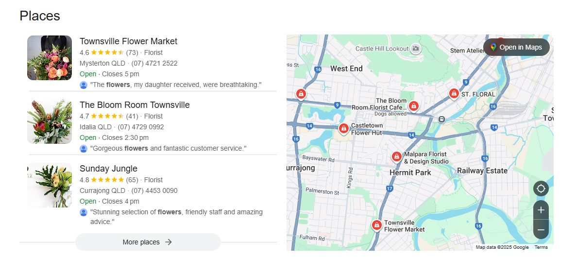 Screenshot of Google search results showing a florist's business listing prominently next to a map, with 'Open in Maps' button visible.