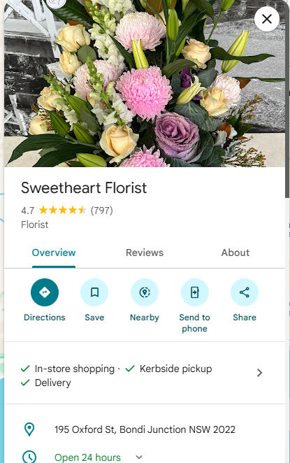 Screenshot showing a detailed Google Business Profile page for a florist, displaying address, hours, photos, and a prominent 'Share' button.