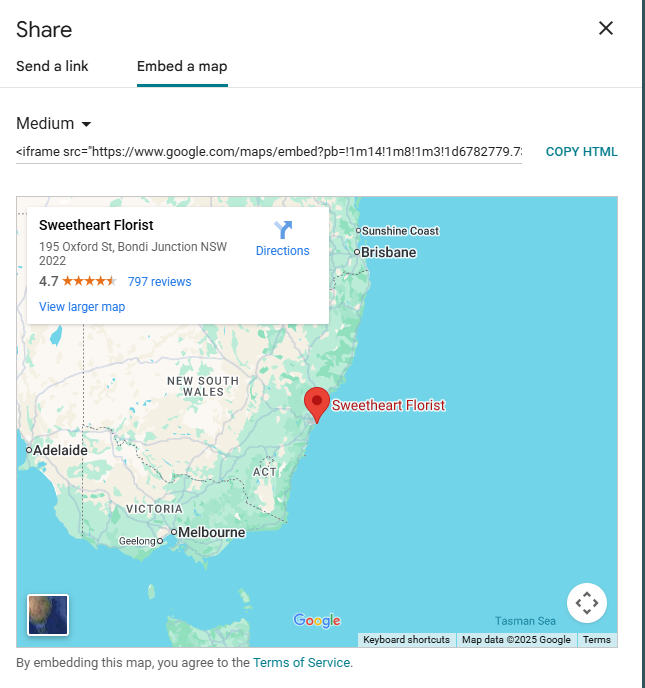 Screenshot of Google Maps 'Share' popup, with 'Embed a map' tab selected and 'Copy HTML' button highlighted.