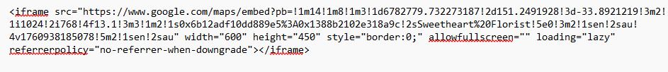 Screenshot showing example HTML code for an embedded Google Map, with 'width' and 'height' attributes highlighted for modification.