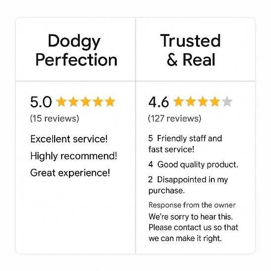 Infographic comparing Dodgy Perfection 5.0-star florist reviews with few generic comments and Trusted & Real 4.6-star reviews with diverse feedback and owner response.