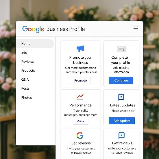 Google Business Profile dashboard with navigation menu showing Info, Reviews, Products, Q&A, Posts, and Photos, over a blurred florist shop background.