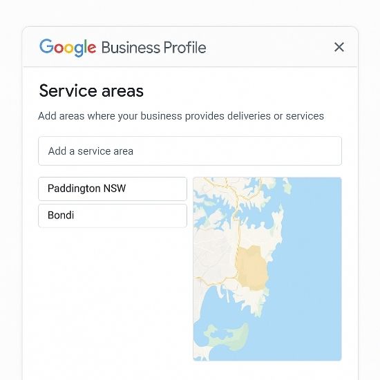 Google Business Profile editor for a florist showing Service areas with Paddington NSW and Bondi entered, featuring a clean shaded map without suburb labels.