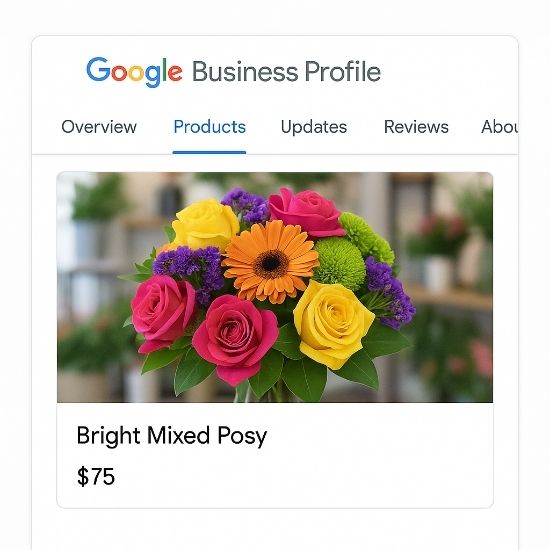 Google Business Profile listing showing the Products tab with Bright Mixed Posy bouquet priced at $75, viewed from the customer’s perspective.