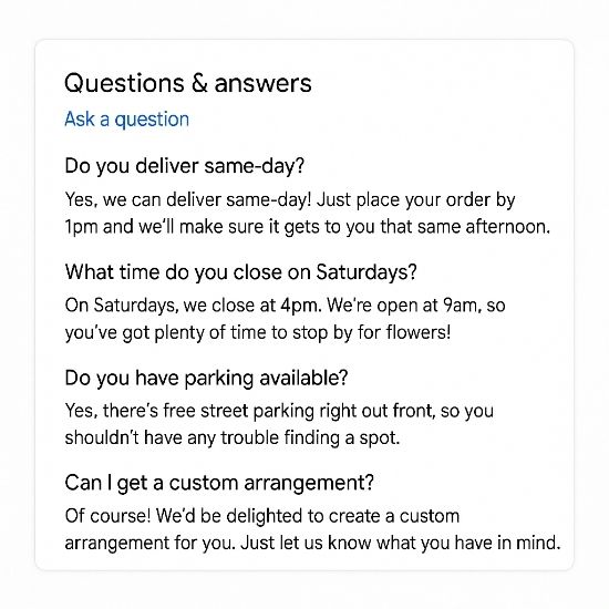 Google Business Profile Questions & Answers section showing detailed responses about same-day delivery, Saturday hours, parking, and custom flower arrangements.